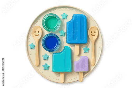 Flat lay of blue and purple popsicles with bites, wooden spoons, and small jars of vibrant paint on a round plate
