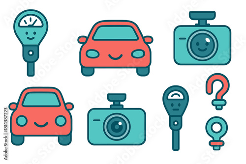 Cute cartoon icons set featuring cars, parking meters, and dash cameras for automotive themes