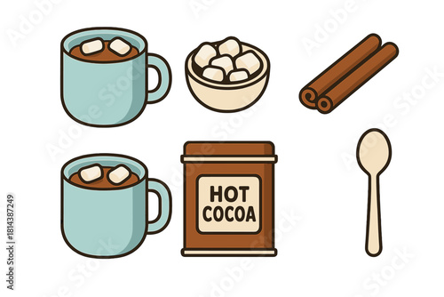 Cozy winter set of hot chocolate mugs, marshmallows, cinnamon sticks, and cocoa powder