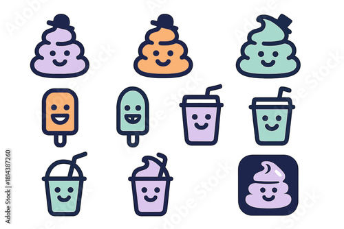 Adorable collection of smiling ice cream, popsicle, and milkshake desserts in pastel colors