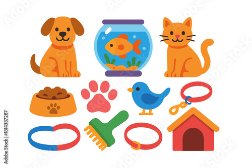 Cute domestic animals and pet care supplies: dog, cat, fish, bird, and accessories