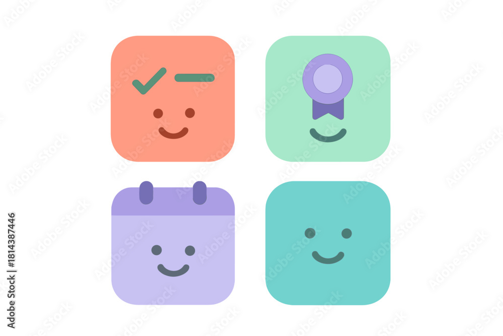 Fototapeta premium Set of four colorful application icons for task completion, scheduling, achievement, and positive emotion