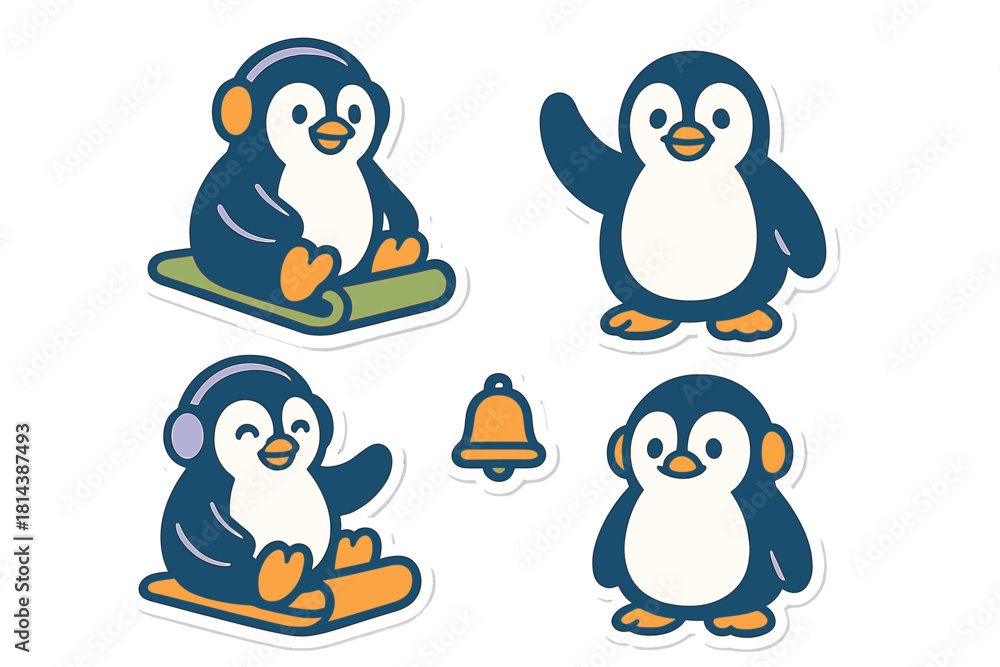 Fototapeta premium Happy cartoon penguins wearing earmuffs and riding sleds in winter snow