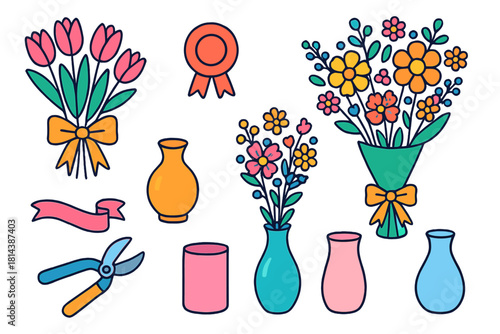 Colorful spring flower bouquets vases ribbon gardening shears and floral decoration collection