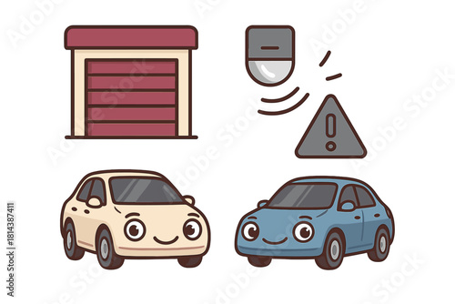 Cartoon set of car security and garage icons featuring smiling vehicles, remote key, and warning sign