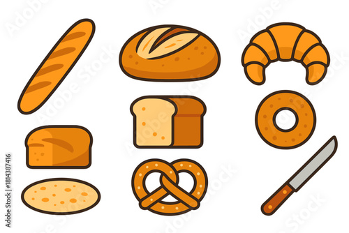 Fresh baked goods assortment featuring baguette, croissant, loaf, bagel, and pretzel