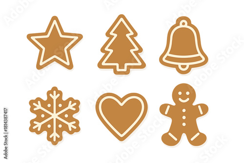 Six classic holiday gingerbread cookies decorated with simple white icing shapes