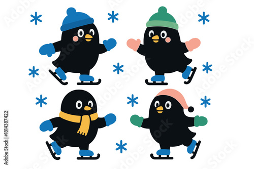 Four cute cartoon penguins wearing winter clothes ice skating on a frozen rink surrounded by snowflakes