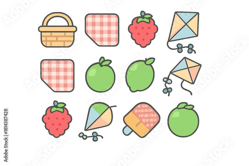 Colorful summer picnic and outdoor activity symbols including fruit, kites, and frozen treats