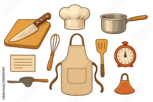 Essential kitchen utensils and chef accessories set including apron, hat, knife, cutting board, whisk, and cooking pot