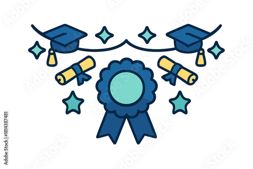 Academic achievement symbols: graduation caps, diplomas, and rosette award
