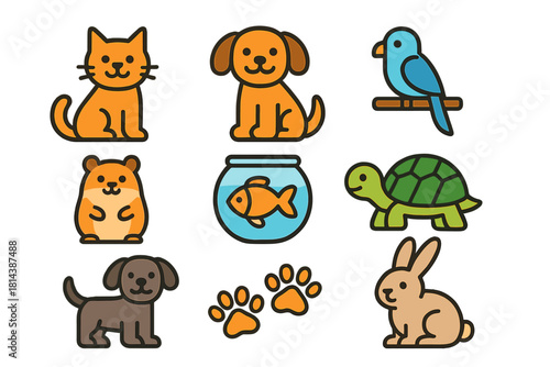 Cute cartoon domestic and exotic pet animals including dogs, cats, rabbits, birds, and fish
