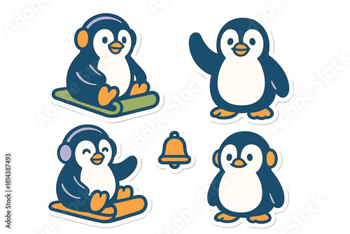 Happy cartoon penguins wearing earmuffs and riding sleds in winter snow