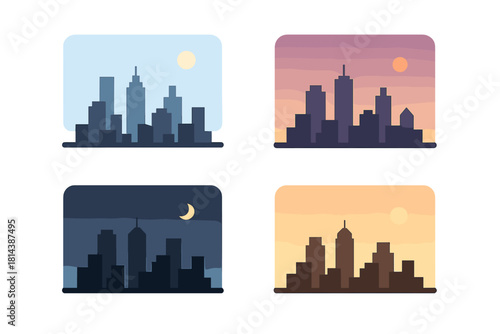 Four city skyline silhouettes depicting morning, sunset, night, and sunrise times of day