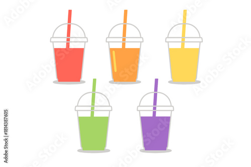 Five colorful plastic takeaway cups filled with various fruit smoothies or refreshing cold drinks