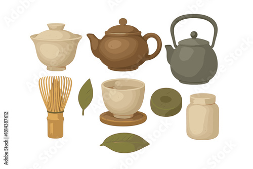 Traditional Japanese tea ceremony utensils and accessories with earthy textures