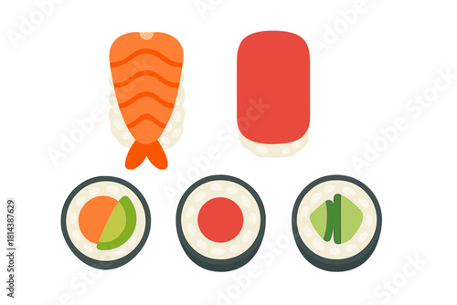 Popular Japanese sushi pieces and maki rolls assortment on white background