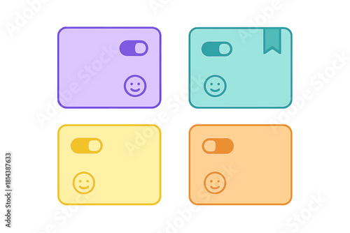 Colorful user interface cards featuring toggle switches and happy face icons for modern web design
