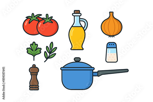 Essential cooking ingredients and kitchen tools set including vegetables, oil, spices, and saucepan