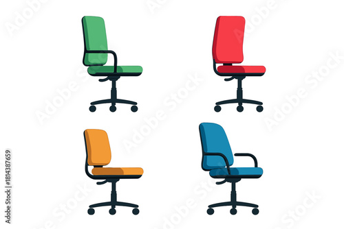 Set of modern ergonomic office chairs in various colors isolated on white background