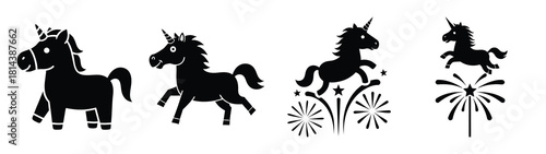 silly unicorn on fireworks silhouette funny vector illustration