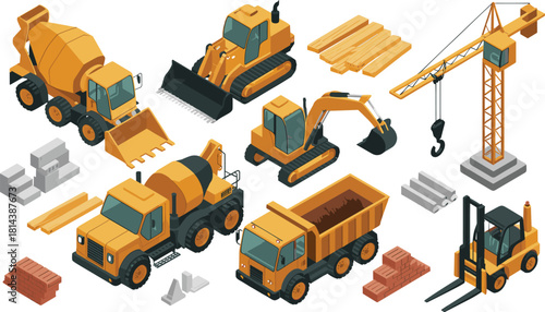 Isometric construction vehicles and equipment set with excavator forklift dump truck crane bulldozer cement mixer and building materials illustration