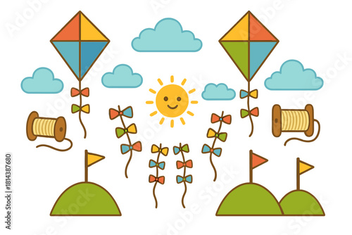 Colorful diamond kites flying in blue sky with clouds, happy sun, and green hills