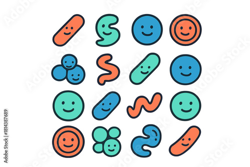 Seamless pattern of abstract smiling colorful shapes and blobs representing happy microorganisms or germs
