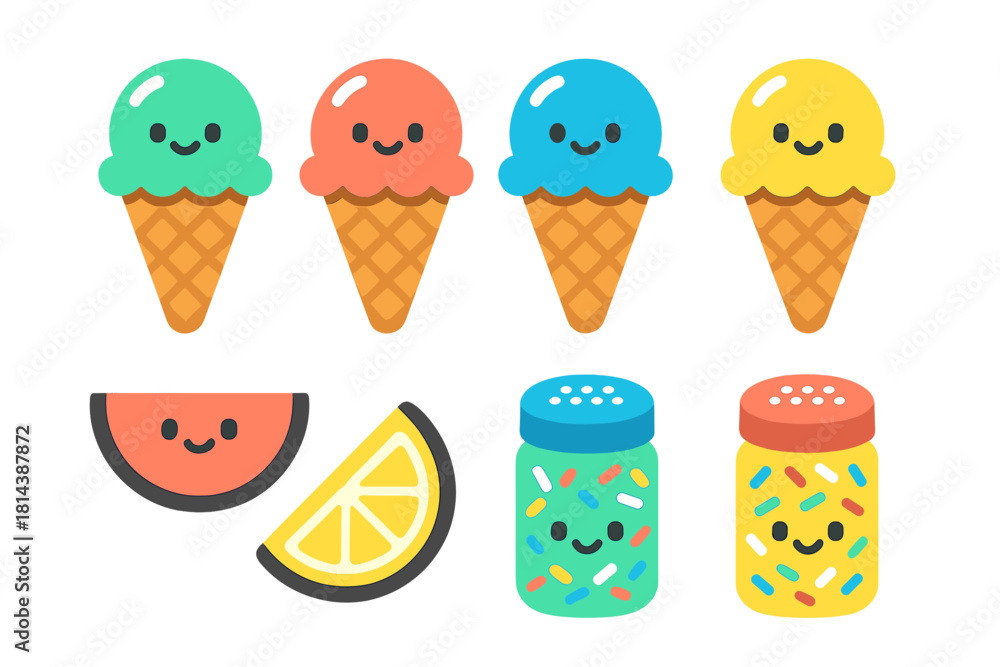 Fototapeta premium Colorful kawaii summer food icons set featuring ice cream cones fruit slices and sprinkle shakers