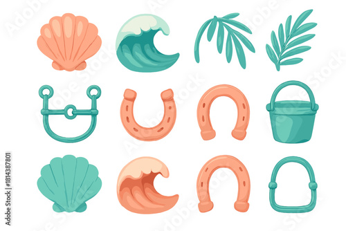 Set of stylized summer beach and nautical icons featuring seashells waves and tropical foliage