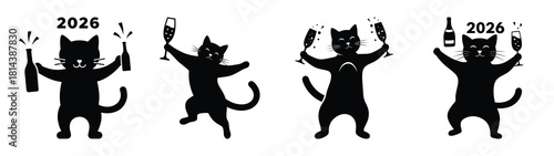 champagne dancing cat 2026 silhouette funny vector illustration