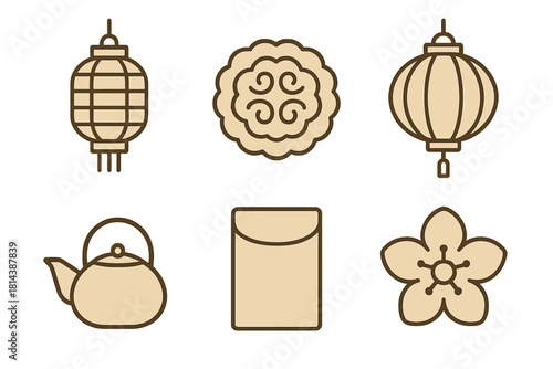 Traditional Asian celebration icons set featuring lanterns, mooncake, teapot, and plum blossom