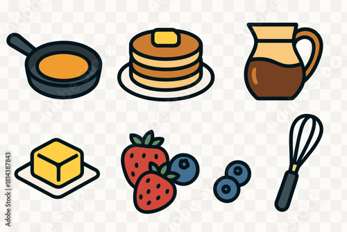 Pancakes, syrup, butter, and berries served with a skillet and whisk