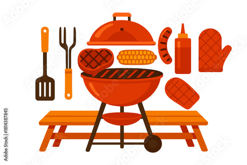Charcoal barbecue grill set with meat, corn, sausage, and cooking tools on outdoor picnic table