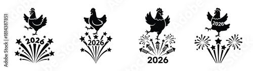chicken dancing on fireworks silhouette funny vector illustration