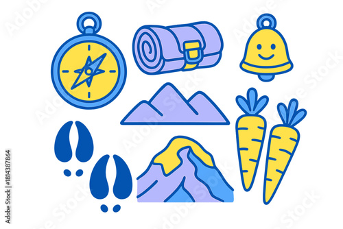 Outdoor adventure symbols: compass, sleeping bag, mountains, animal tracks, and carrots