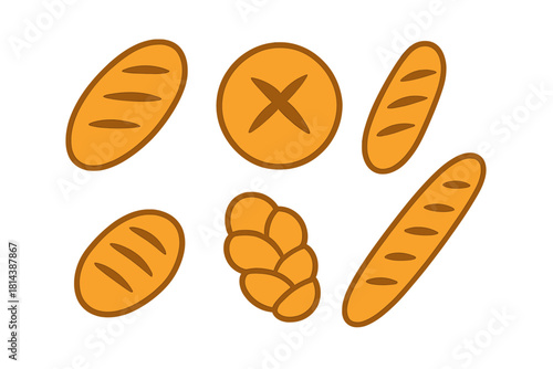 Set of various baked goods including baguette, round loaf, and braided bread