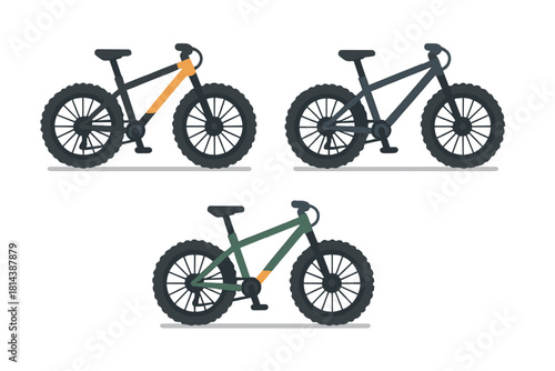 Three modern fat tire mountain bikes with thick wheels for off-road cycling