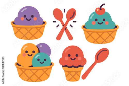 Adorable colorful ice cream scoops in waffle cones and bowls with smiling faces