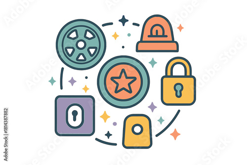 Abstract composition of security symbols, digital protection elements, and reward badges