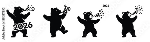 dancing bear with party silhouette funny vector illustration