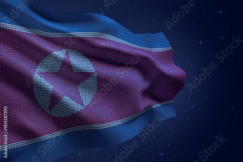 North Korea digital LED waving flag on dark starry background