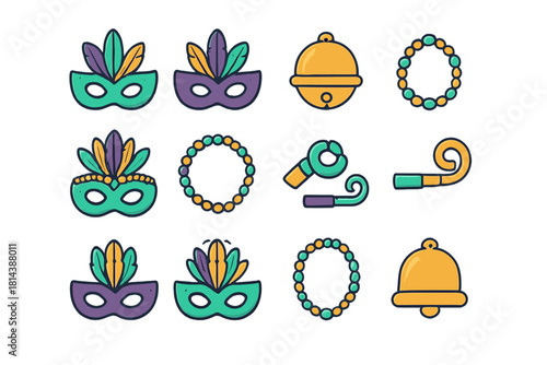 Colorful Mardi Gras celebration set featuring feathered masks, festive beads, bells, and party blowers