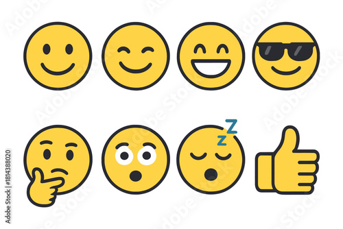 Collection of yellow emoji faces showing happiness, surprise, sleepiness, shock, and positive thumbs up gesture