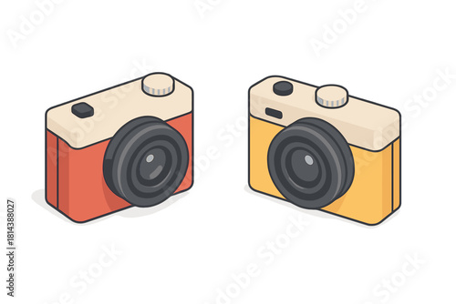 Isometric view of two colorful retro style compact cameras for photography