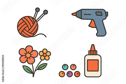 Yarn ball, knitting needles, hot glue gun, liquid adhesive bottle, beads, and decorative flowers for crafting
