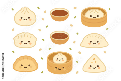 Cute smiling Asian dumplings and dim sum set served in bamboo steamers with dipping sauce bowls