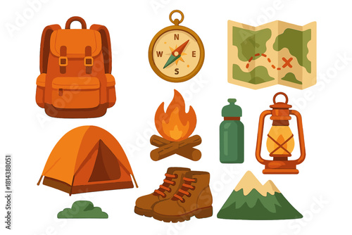 Collection of essential outdoor adventure equipment and camping gear accessories on white background