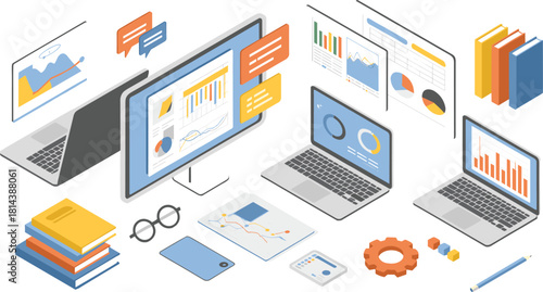Isometric digital workspace with laptops data charts analytics dashboard computer devices business technology illustration for online work productivity design