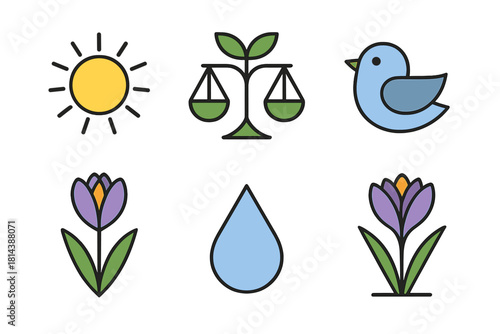 Flat design symbols of nature and environment: sun, bird, water drop, crocus flower, and ecological balance scale